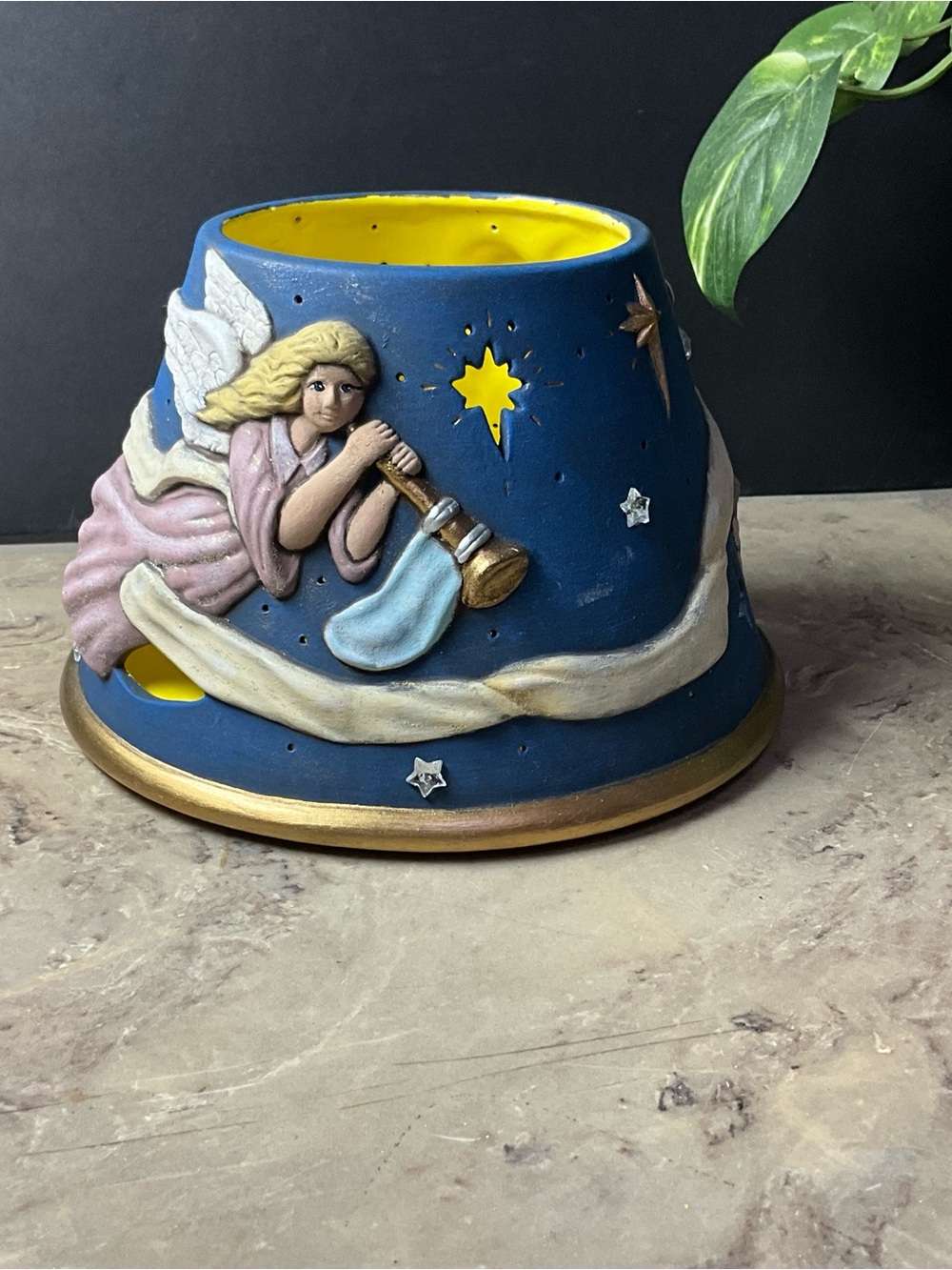 Vintage Sciato 1999 Ceramic Angel Candle Shade Blue Finish Gold Accents